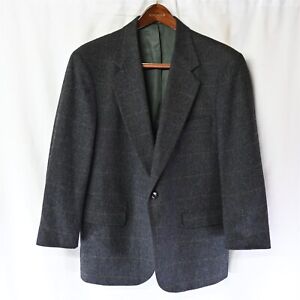 Vtg 90s 42S Dark Gray Plaid Tweed 2 Btn Blazer Suit Jacket Sport Coat
