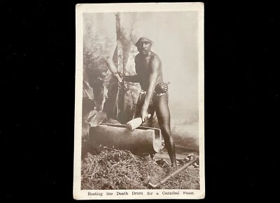 FIJI  BEATING THE DEATH DRUM FOR A CANNIBAL FEAST  FIJIAN WARRIOR WITH CLUBS ULA - Image 1 of 4