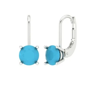 2Ct Turquoise - Round Cut VVS1 - Solid Gold Drop Dangle Earrings Screw-Back - Picture 1 of 20