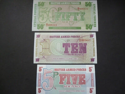 THREE MINT UNUSED MILITARY/ARMED FORCES BANKNOTES/SPECIAL VOUCHERS 50P, 10P,5P. - Image 1 of 4
