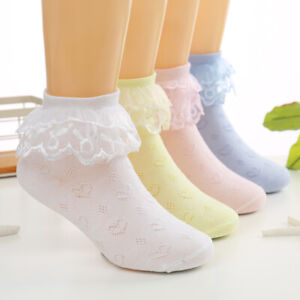 4 Pairs Baby Girls Lace Ruffle Frilly Princess Ankle Socks School Dance Socks