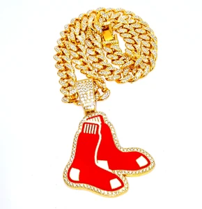 BOSTON RED SOX GEM NECKLACE Gold Hip Hop MLB Team Bling Pendant & 20" Chain - Picture 1 of 4