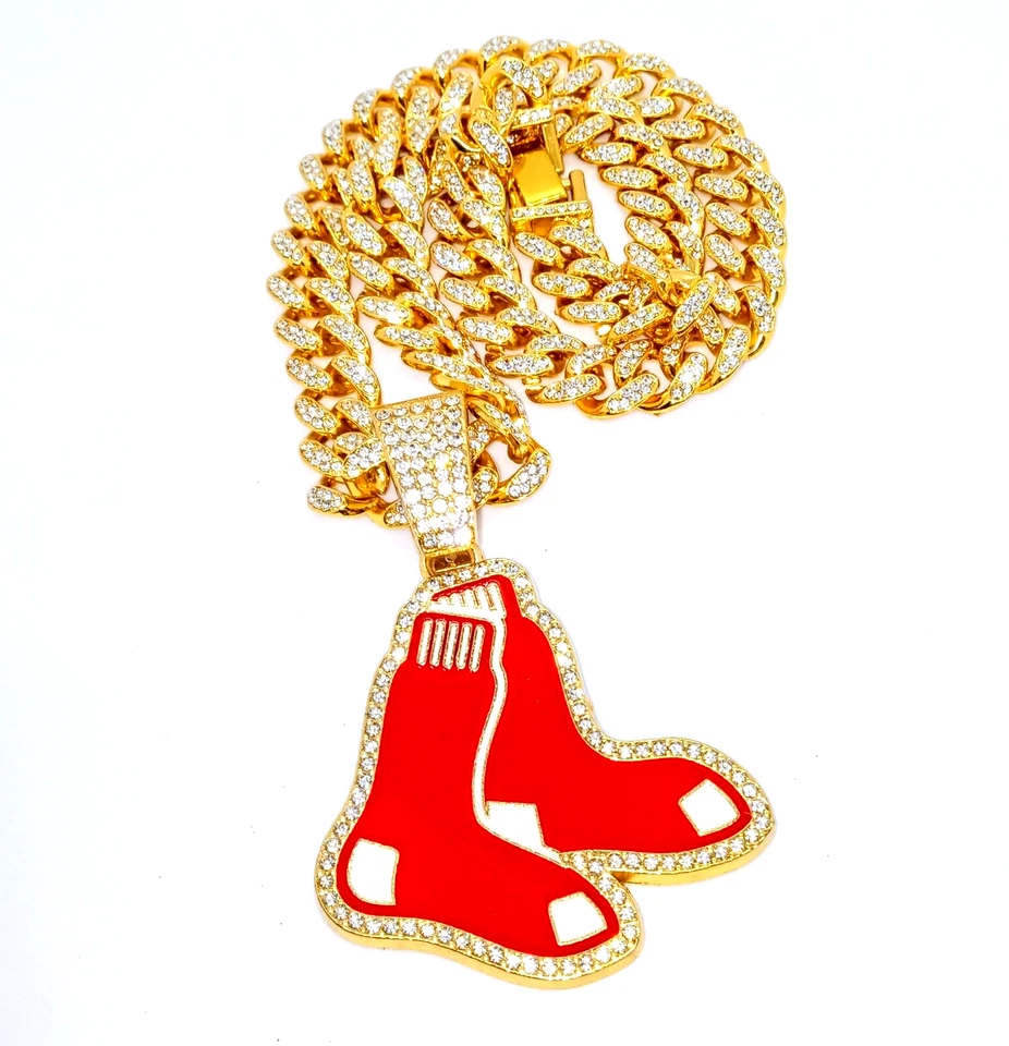 BOSTON RED SOX GEM NECKLACE Gold Hip Hop MLB Team Bling Pendant & 20" Chain - Image 1 of 4