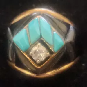 Pietra Onice Vintage Navajo Fatta a Mano Sterling & Turchese & Nero con Anello Uomo Zirconia - Foto 1 di 2