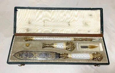 1800's French sterling silver gilt paillonné enamel was seal pen  writing set - Image 1 of 4