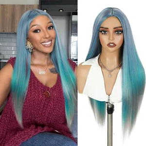 28 Inches Long Straight Rainbow Wig Bluish Green Layered Hair Middle Synthetic - Picture 1 of 9