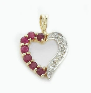Open Heart Round Ruby & Diamonds Pendant Small 14k Yellow Gold Rabbit Ear Bail - Picture 1 of 6