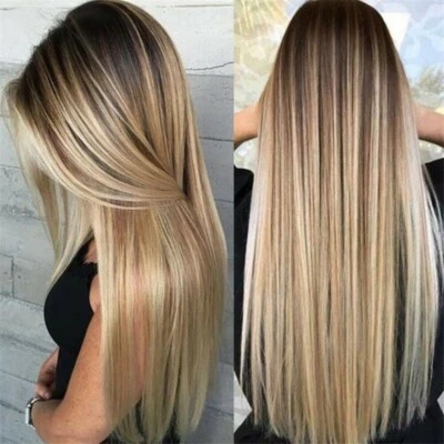 Women Real Long Straight Hair Wigs Ladies Natural Ombre Blonde Cosplay Full Wig - Image 1 of 4