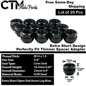 20x Black M14x1.5 Extra Short Open End Acorn Wheel Lug Nuts Fit Honda Acura - Picture 1 of 3