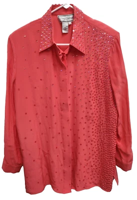 Top vintage para mujer Diane Gilman mediano rosa seda lentejuelas manga larga abotonada Foto 1 de 4