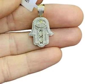 2.00Ct Round Cut Real Moissanite 14K Yellow Gold Plated Hamsa Hand Pendant Charm - Picture 1 of 4