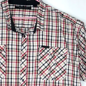 Sean John 6XB Mens Shirt 68" Red Black Beige Plaid SS Pockets Epaulettes - Picture 1 of 9
