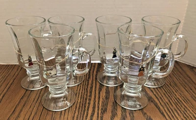 Juego de 6 tazas de café irlandesas de vidrio transparente con patas Libbey con dijes de belén pesadas Foto 1 de 4