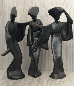 Vintage Cast Iron Geisha Figurine Set 7" Mid Century Modern Black Sculpture Trio - Picture 1 of 6