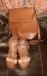 MIZ MOOZ Strappy Wedge Leather Sandal Natural Blue Sz 39 Approx + D Karen Purse - Picture 1 of 7