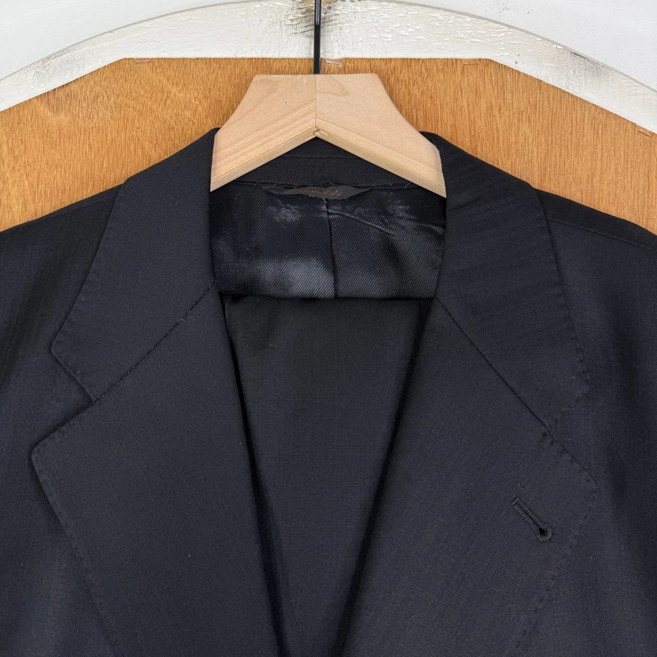 Halston Suit Mens 50R Black Herringbone 3 Button 100% Wool Pants 42x25 Italy - Image 1 of 4