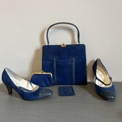 Tacones de gamuza de piel de serpiente azul cobalto pinup vintage, monedero, espejo Foto 1 de 4