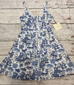 Abito donna Cynthia Rowley blu bianco floreale linea A taglia 6 senza maniche - Foto 1 di 8
