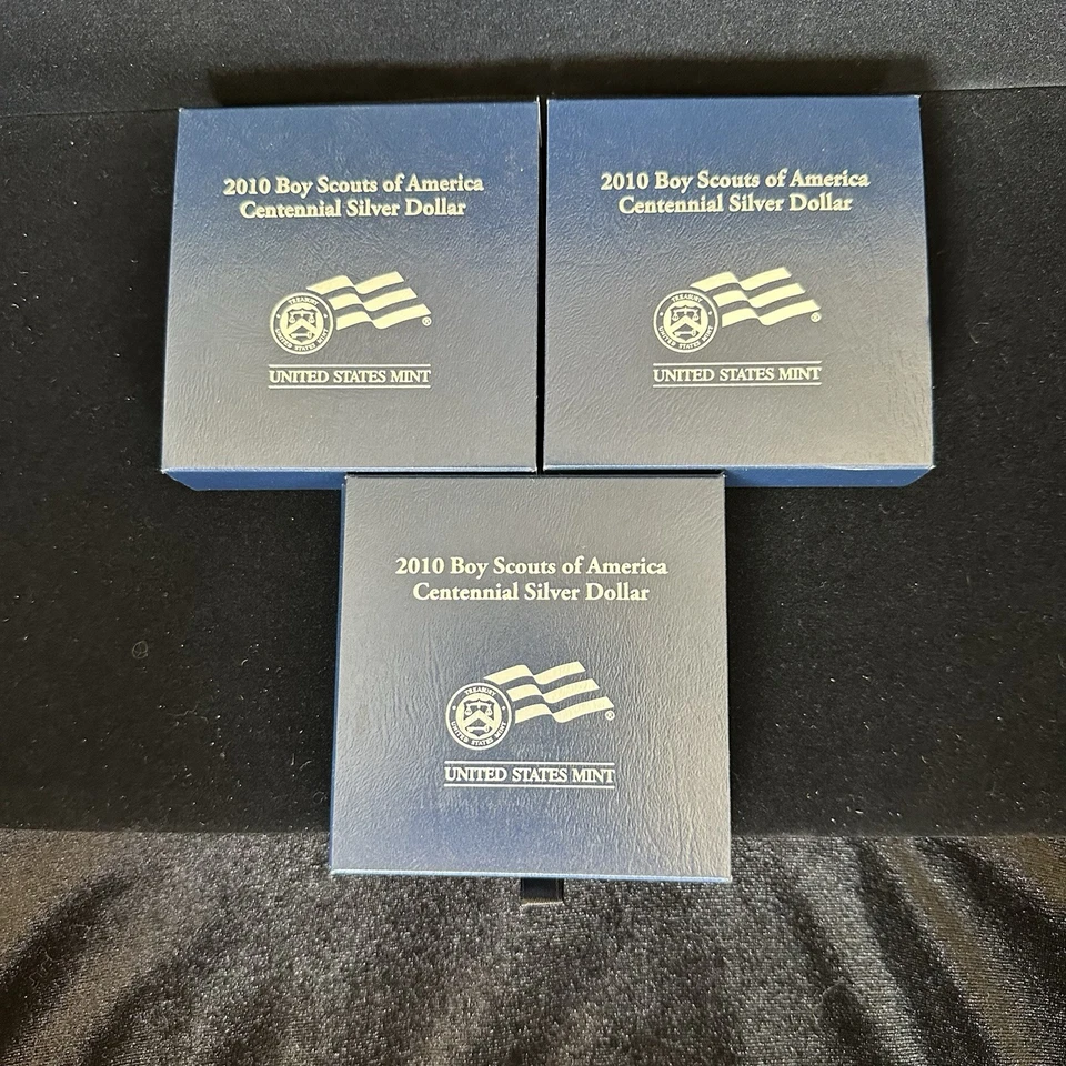 2010 - BOY SCOUTS OF AMERICA CENTENNIAL PROOF SILVER DOLLAR / SET OF 3 BOX + COA - Image 1 of 4