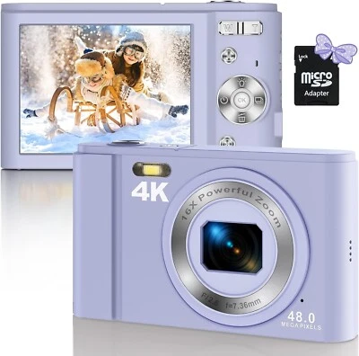 Cámara digital, cámara para niños 4K 48MP con zoom 16X tarjeta SD 32GB (púrpura) Foto 1 de 4
