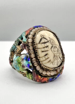 Antique Old Chinese Silver Multi Color Enamel Hand Painted Panel Adjustable Ring - Image 1 of 4