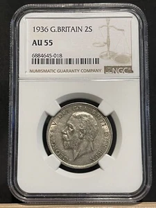 GREAT BRITAIN Florin 1936, KGV Final Date, NGC AU 55 About UNC w/ Luster. X4 - Picture 1 of 2
