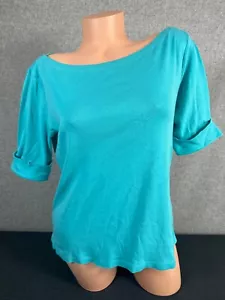 Camicia top da donna Kim Rogers Medium blu acqua manica corta cotone collo da barca - Foto 1 di 8