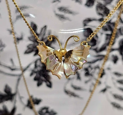 Mother of Pearl / abalone shell Butterfly Gold Tone Necklace 16” - Image 1 of 4