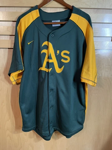 Nike Genuine Merchandise Oakland Athletic Buttons Down Jersey Sz L Green/Yellow Cover