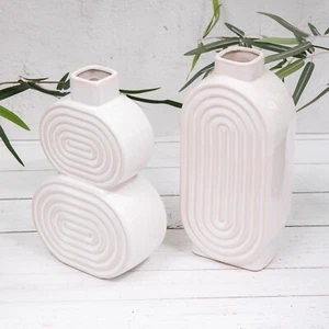 Weiße Vase gerippt modern Naturstein glasierte Keramik Deko oval Vase - Bild 1 von 13