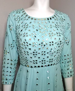 Soft Green Indian Mirrored Long Dress w/ Gold Shawl Size S 20 Open Back Formal - Picture 1 of 15