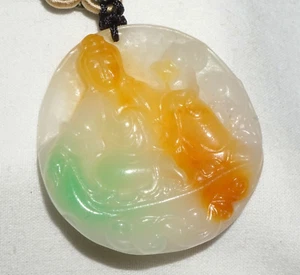 Vintage chinesischer halbtransparenter Jadeit Jade Anhänger m. sitzendem Kwan Yin (---) - Bild 1 von 12
