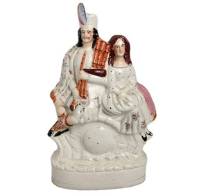 Large Antique Staffordshire Scottish Couple Flatback Figurine Bagpipes READ - Picture 1 of 11
