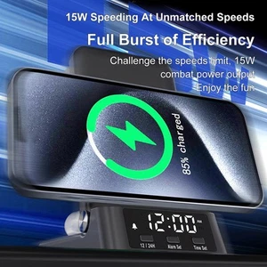 Black Model 4-In-1 Charging Stand With Clock 15W Fast Magnetic Wire HLF - Zdjęcie 1 z 12