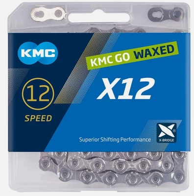 KMC X12 Go Waxed 12-Speed Bike Chain 126L Silver fits SRAM Eagle AXS Road MTB