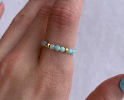 Natural Amazonite Faceted Round Gemstone Beads Adjustable Rings for Girls Women - Image 1 of 4