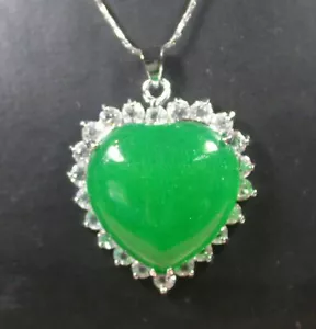 Genuine Green Jade Love Heart Cubic Zirconia Flower 18KGP Pendant Chain Necklace - Picture 1 of 8