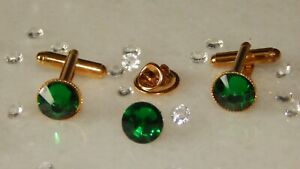 G/P  Emerald Green 10mm Cufflinks & Cravat/Corsage/Tie/Scarf Pin-Formal Wear