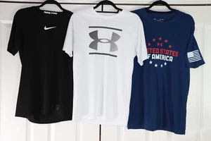 3 Youth T-Shirts Nike Pro Fitted Under Armour Heat Gear Loose Size S Small - Picture 1 of 10