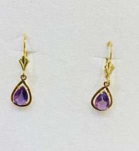 14k Solid Yellow Gold Dangle Lever Back With Natural Pear Amethyst 1.20GM - Picture 1 of 10