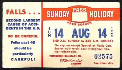 Pittsburgh Railways Ticket Sunday Holiday Pass w/ Safety Advice 1960 VGC Scarce - Image 1 of 2