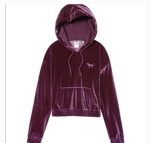 UNDERCOVER Nuovo Victoria’s Secret Crop morbido velluto pullover felpa con cappuccio bordeaux XS $59 95