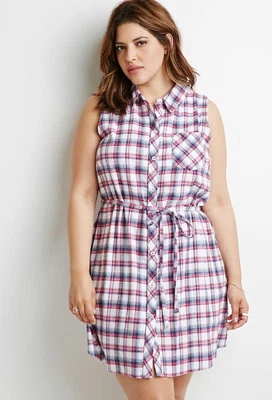 Forever 21 大码腰带格子衬衫连衣裙 1X — 第 1/4 张图片