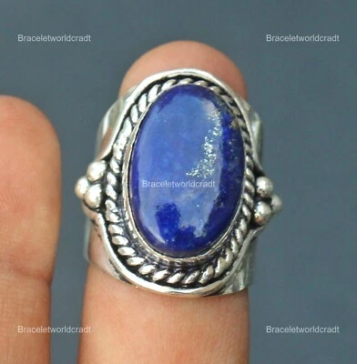 925 Sterling Silver Oval Lapis Lazuli Stone Wife Band Channel-Set Ring Size 8 - Image 1 of 4