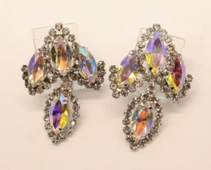 Vintage Weiss Aurora Borealis AB Strass Marquise hängende Ohrringe - Bild 1 von 7