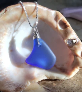Sea Glass Jewelry Necklace 925 Sterling Silver Chain Bright Cobalt Blue Big - Picture 1 of 5
