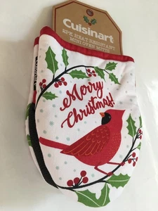 Happy Holidays Cardinal Mini Oven Mitts 2-pk Silicone Grip Protect Hands Cotton - Picture 1 of 5