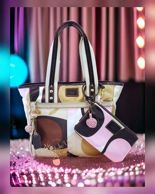 Coach Hamptons VINTAGE Scarfprint Tote 8F33 💕2 PC SET💕 PINK/BROWN Wristlet Y2K - Imagem 1 de 4