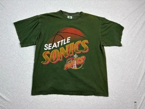 Vintage 90s NBA Seattle Supersonics Basketball Front Pages T-Shirt XL Green - Picture 1 of 9