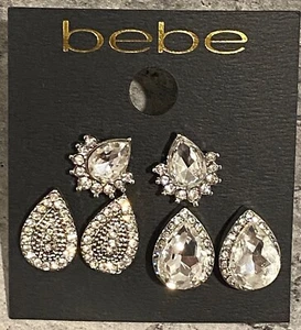 3 pair BEBE Silver Tone with Rhinestones Earrings NEW - Picture 1 of 3